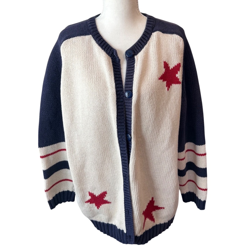 Coldwater Creek Womens Americana Star Cardigan Sweater Navy Blue Red White 2XL